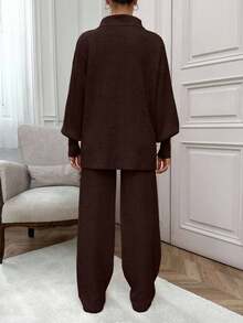 EURMUSE Rib Pattern Polo Neck Sweater And Pant 2pcs Set - Brown - View 2