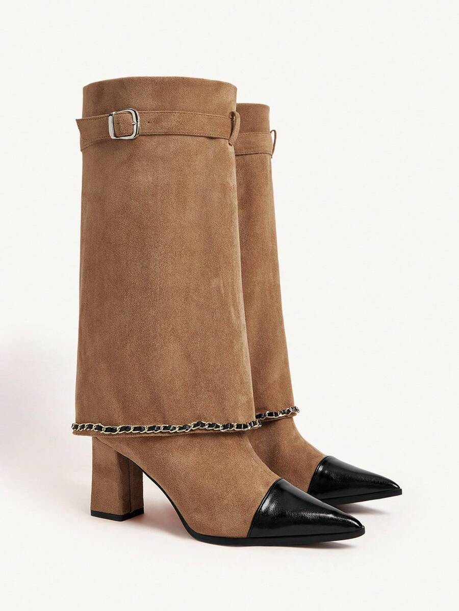 CUCCOO CHICEST Women's Autumn/Winter New Arrival Chain Belt Buckle Pointed Toe Color Block Square Chunky Heel Mid-Heel Elegant Sweet Romantic Fashion Comfortable Retro Black Contrast Camel Faux Leather Suede Shark Boots, Suitable For Afternoon Tea, Date, Fashion Party, Workplace, Elegant, Streetwear, Basic Versatile Wear, Christmas, Thanksgiving, New Year, Spring Festival - Khaki - View 1