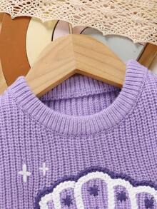 SHEIN 女婴休闲宽松圆领长袖毛衣，秋冬 - 紫色 - 查看 4
