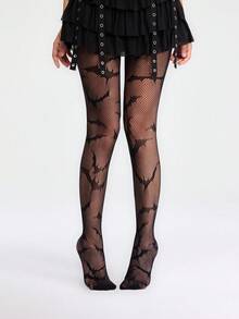 ROMWE Grunge Punk 1pc Black Sexy Bat Design Pantyhose/Tights For Women, Halloween - Dark Black - View 5