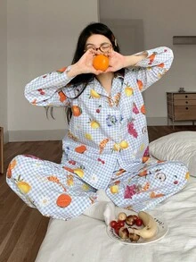 DAZY 度假风水果美食图案格子女式睡衣套装，秋冬服装 - 藍色 - 查看 7