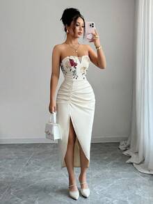 Selianne Embroidered Patchwork Ruffle Halter Slit Elegant Dress - Apricot - View 5