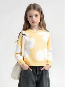 SHEIN Tween Girl Oversized Floral Pattern Sweater, Winter Christmas Halloween Sweater Autumn Fall Jumper - Yellow - View 7