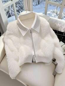 Franclia Women's Simple And Fashionable White Plush Coat Lapel PU Splicing Plush White Coat Long Sleeve Women's Winter Coat Women's Jacket, Autumn Women's Clothing Autumn Clothing Autumn Clothing Autumn Clothing Women's Clothing Autumn Clothing Women's Clothing Going Out Winter Women's Clothing Winter Clothing Elegant Fashion Casual Commuting Business Office Daily Leisure Versatile Temperament Urban Teacher Professional Clothing - White - View 1