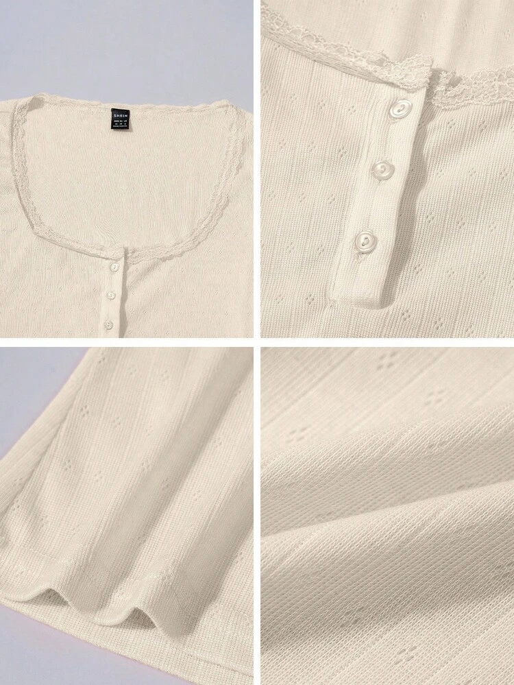 Camiseta con cuello de encaje, nueva camiseta de verano para mujer de ajuste ceñido con 3 botones y manga corta - Albaricoque - Añade 8