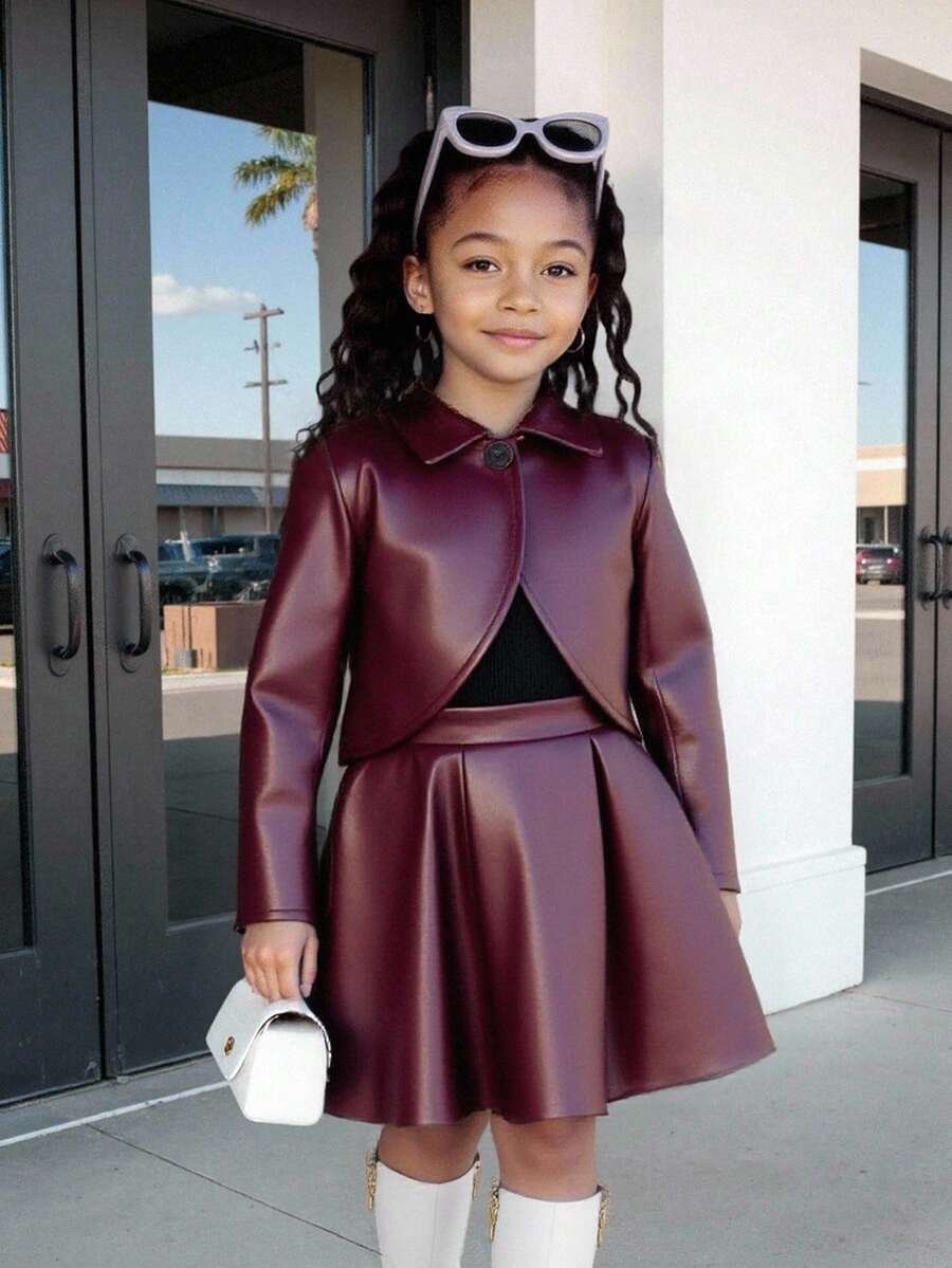 SHEIN Explorewe Tween Girls Burgundy 3‑Piece Leather Outfit, Collared Short Jacket, Knit Top Pleated Skirt, Fashion Outfit For School Autumn Casual Cute Sunset Soiree - Purple - View 1