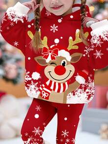SHEIN Conjunto de sudadera con capucha y leggings con estampado de renos, copos de nieve, muñeco de nieve y árbol de Navidad, casual, cómodo, grueso y suave, corte holgado, manga larga, adecuado para uso diario en otoño, fiesta de Navidad, estilo callejero, hogar
