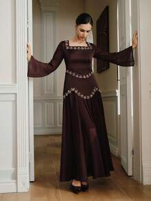 Anewsta 女式新款无袖细肩带蓝色性感串珠紧身连衣裙，优雅精致的街头风格连衣裙 - 摩卡棕 - 查看 7