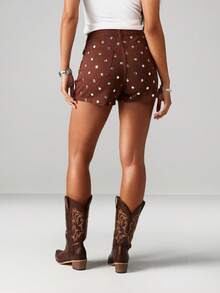 MISSGUIDED High Rise Hot Pants Denim Shorts With Silver Polka Dot Studs Western Cowgirl Festival Summer Statement Details - Coffee Brown - View 2