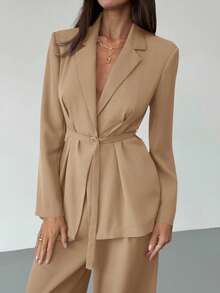 Aloruh Conjunto elegante de chaqueta de manga larga cruzada y pantalones de unicolor, ropa de otoño e invierno para mujer