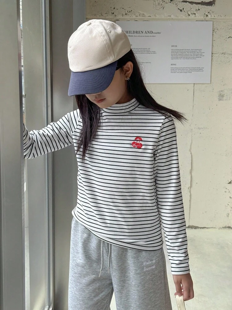 Tween Girls Knitted Striped Turtleneck T-Shirt Long Sleeve Tops Girl