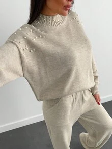 EURMUSE 带珍珠的高领长袖毛衣和毛衣裤套装 - 奶油色 - 查看 7