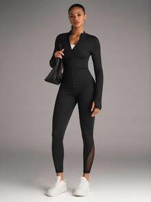 SHEIN BAE Workout Leggings Seamless Tummy Control Mesh Insert Compression Tights With Side Phone Pocket - Black - View 8