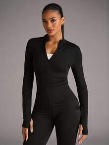 SHEIN BAE Solid Zip Up Sports Jacket With Thumb Holes
