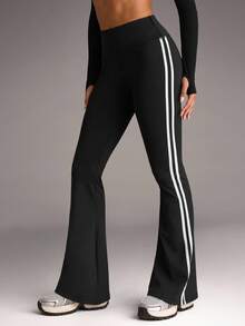 SHEIN BAE Women's Side Striped Casual Flared Sports Pants - Black - View 3