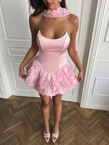 SHEIN BAE Váy ôm sát cơ thể ngắn màu hồng trơn không dây họa tiết hoa, váy họa tiết hoa 3D, váy gợi cảm và thanh lịch, váy lãng mạn, váy hẹn hò, váy sinh nhật, tiệc hộp đêm, halloween, giáng sinh, tiệc hẹn hò - Hồng - Xem 5