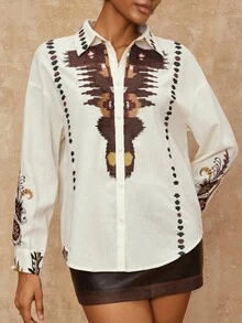 Lumalex 女式休闲度假风格刺绣佩斯利图案落肩宽松长袖衬衫，春秋 - 米色 - 查看 9