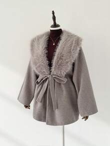 Auralis Plus Size Solid Color Faux Fur Patchwork Long Sleeve Overcoat, Autumn/Winter