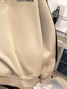 SHEIN 青少年女孩卡其色针织半拉链领宽松休闲学院风英伦印花运动衫秋冬女孩衣服 - 卡其色 - 查看 5