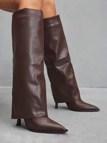 CUCCOO SZL 女士性感时尚褶裥筒咖啡色尖头侧拉链及膝靴 - 咖啡棕 - 查看 5
