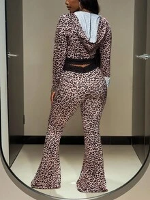 Slaydiva 2025 秋冬新款万圣节生日派对宴会学院风学生日常休闲邮轮旅行热门优雅通勤商务休闲俱乐部朋克赛车摩托车风格修身连帽夹克带蕾丝下摆 + 高腰蕾丝边喇叭裤，棕色豹纹，女士 2 件套 - 彩色 - 查看 6