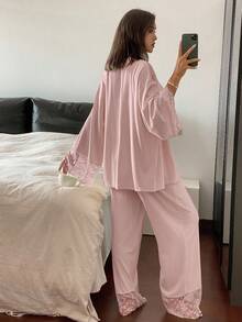 DAZY 3件套蕾丝拼接睡袍，吊带上衣和裤子，女士睡衣睡衣套装，秋冬服装