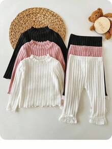 SHEIN Set 6 Potong Bayi Perempuan Hitam Putih, Musim Gugur, Lucu, Seragam Keluarga, Atasan dan Celana Rajut Bergaris Warna Polos, Set Sweater Lengan Panjang Lembut untuk Musim Dingin - MultiWarna - View 2