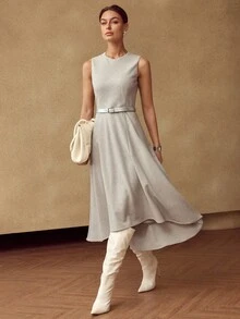 MOTF PREMIUM WOMEN'S WOOL BLEND YARN-DYED STRIPED ASYMMETRIC HEM MIDI DRESS WITHOUT BELT - Grey - View 1