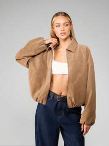 MISSGUIDED Oversized Cropped Bomber Suede Jacket Autumn Winter Fashion Casual Zip Up Outerwear Retro Brown Street Style Everyday Wear With Collar