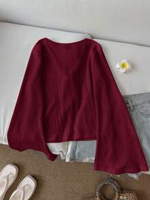 SHEIN LUNE Áo kiểu nữ màu trơn tay loe buộc dây, màu đỏ tía, đỏ rượu vang, đỏ đậm, phong cách Cottagecore, áo đỏ cho nữ, kiểu dáng thường ngày. - Đỏ - Xem 2