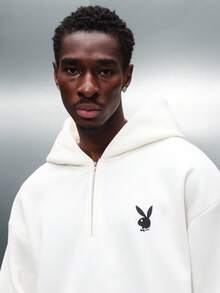 PLAYBOY X SUMWON Sweatshirt Hoodie Crop Fit Setengah Resleting dengan Logo Kelinci, Pakaian Santai Kasual Ukuran Besar, Streetwear Musim Gugur dan Musim Dingin, Pullover Serut Esensial - Aprikot - View 4