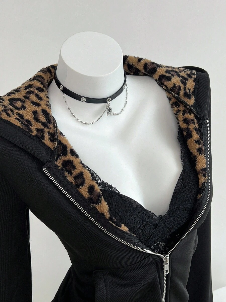 Elamini Damen Schwarzer Kontrast Leopardenmuster Koralle Thermisch Gefüttert Dick Gerippt Langarm Locker Reißverschluss Sweatshirt, Herbst Winter, Trashy Y2k, Club lässig Sweatshirt - Schwarz - Übersicht 1
