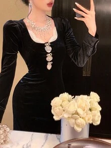 DAZY 女士优雅蕾丝拼布蝴蝶结天鹅绒中长连衣裙，秋季舞会礼服 - 黑色 - 查看 4