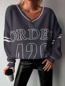 EURMUSE Långärmad tröja för kvinnor med mönster av bokstäver och siffror - Mörkgrå - Visa 5