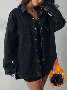 EMERY ROSE Casual Washed Denim Jacket With Thermal Lined, Autumn/Winter - Black - View 4