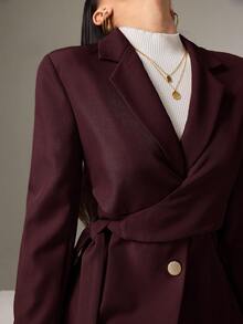 Heiryn 女式纯色长袖侧系带休闲/工作西装外套，秋季 - 酒紅色 - 查看 6