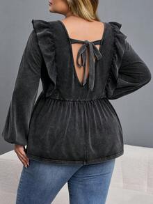 SHEIN CURVE+ Tricou de damă plus size, cu mânecă evazată, vopsit în stil tie-dye, cu decolteu pătrat și decorat cu fundă, tricou versatil cu mânecă lungă