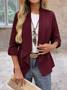 EMERY ROSE Áo khoác trench coat nữ tay dài, eo rút dây màu trơn, mùa thu - Màu Đỏ Sâu - Xem 7