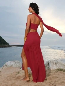 Opulessa 女式纯色针织镂空设计修身开衩连衣裙 - 紅色 - 查看 2