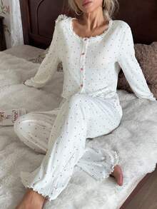 CottageSlumber Heart Print Lace Trim Decor Crew Neck Top & Long Pants 2 Pieces Pajama Set Pajama Sets For Women Round Neck Pj Sets For Women Long Sleeve Cherry Pajama Set Long Sleeve Lounge Set Pajamas Set Two Pieces, Fall Winter Clothes