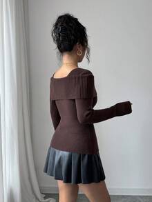SHEIN Elenzya 女式方领斗篷式毛衣 - 棕色 - 查看 2