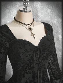 SHEIN ICON 加大码黑色植绒网眼喇叭袖心形领腰收腰连衣裙，Y2K，朋克，万圣节，适合秋季，秋季连衣裙，派对连衣裙 - 黑色 - 查看 4