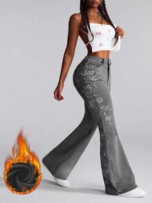 Slaydiva Plus Size Women Embroidered Flare Jeans With Pockets/Winter
