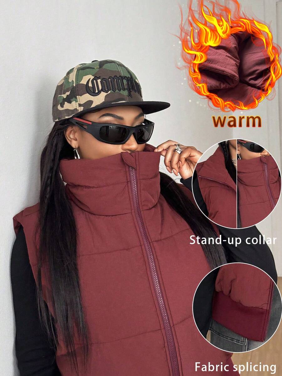 Maweii 大码女士时尚休闲优雅背心夹克，冬季 - 中紫紅色 - 查看 1