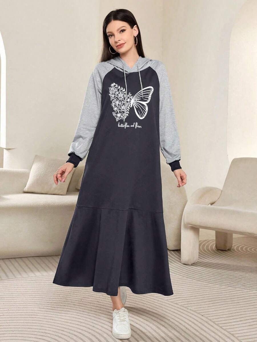 Modelyn 女式休闲拼色花卉蝴蝶印花连帽长款运动衫,秋冬 - 彩色 - 查看 1