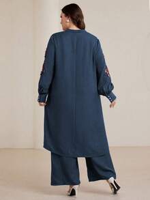 Graceveil Set de 2 piezas de talla grande con camisa larga suelta de manga larga con cuello en V y bordado y pantalón con cintura elástica, conjunto modesto de primavera/otoño - Azul - Ver 2