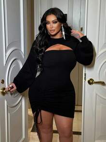 NU&NOW Plus Size Women Solid Color Cropped Lantern Sleeve Sweater And Drawstring Tube Top Knit Dress Set, Fashion