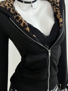 Elamini Damen Schwarzer Kontrast Leopardenmuster Koralle Thermisch Gefüttert Dick Gerippt Langarm Locker Reißverschluss Sweatshirt, Herbst Winter, Trashy Y2k, Club lässig Sweatshirt - Schwarz - Übersicht 7