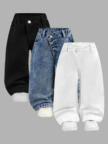 SHEIN Explorewe Conjunto de 3 piezas de jeans cortos con cintura elástica y bolsillos planos de estilo bohemio asimétrico para niñas bebés, artículo de moda diario OOTD, denim básico versátil, conjunto asequible y de gran - Multicolor - Ver 11