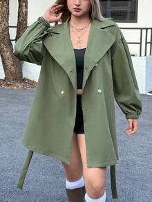 SHEIN EZwear Áo gió thường ngày cổ trễ vai màu trơn cỡ lớn cho nữ tay dài cài hai hàng khuy - xanh quân đội - Xem 5